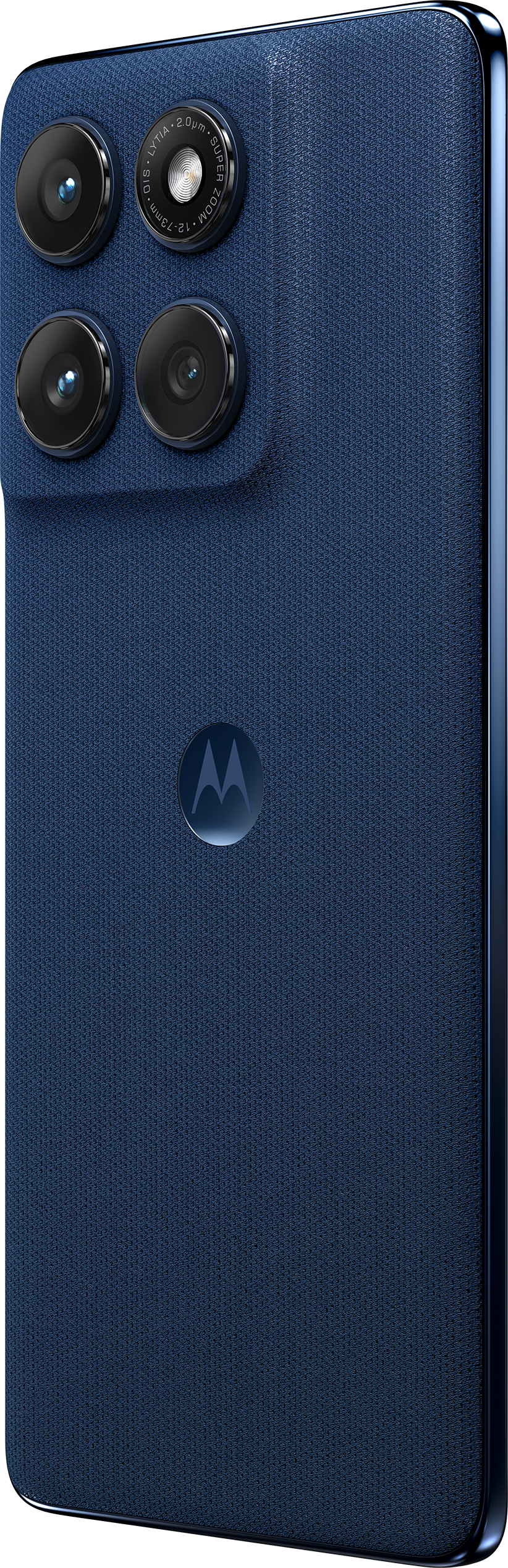 Arrière d'un téléphone Moto 60 bleu. Quatre lentilles d'appareil photo et un logo Motorola.