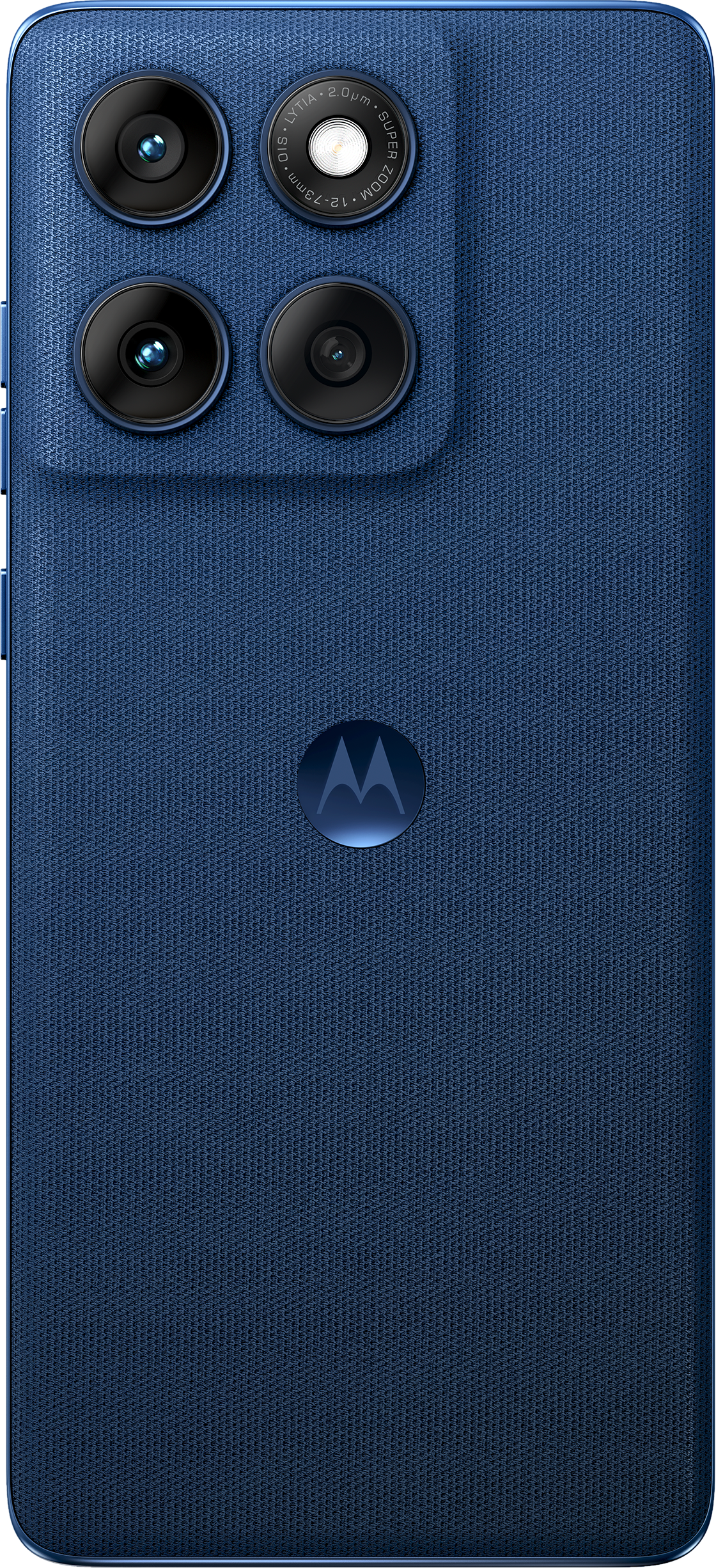 Arrière d'un téléphone Moto 60 bleu. Quatre lentilles d'appareil photo et un logo Motorola.