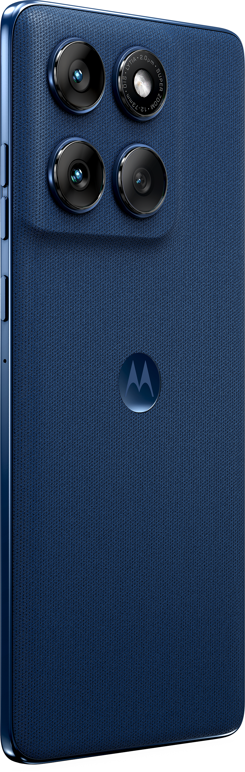 Arrière d'un téléphone Moto 60 bleu. Quatre lentilles d'appareil photo et un logo Motorola.