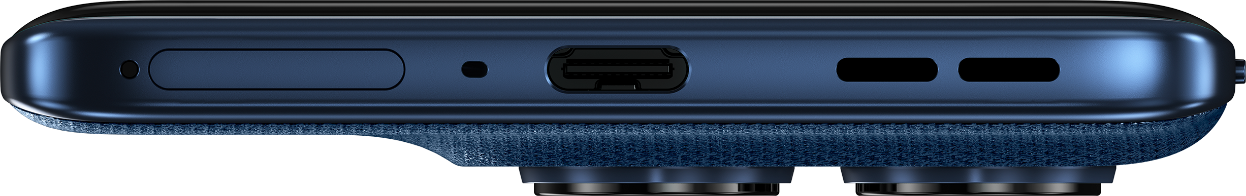 Bas d'un téléphone Moto 60 bleu. Port USB-C et haut-parleurs.