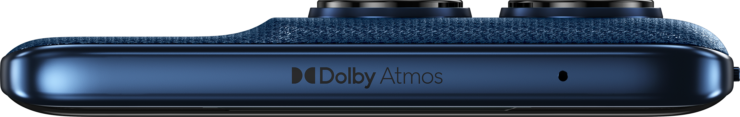 Haut d'un téléphone Moto 60 bleu. Marque Dolby Atmos.