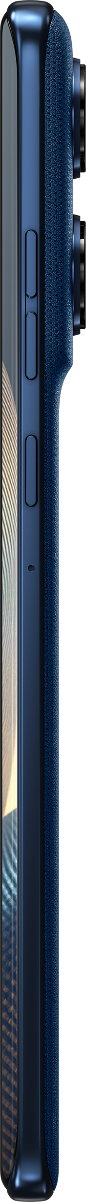 Côté d'un téléphone Moto 60 bleu. Boutons d'alimentation et de volume.