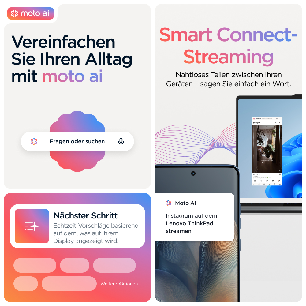 L'image montre une interface téléphonique avec des fonctionnalités 'moto ai', dont le streaming intelligent et d'autres options.