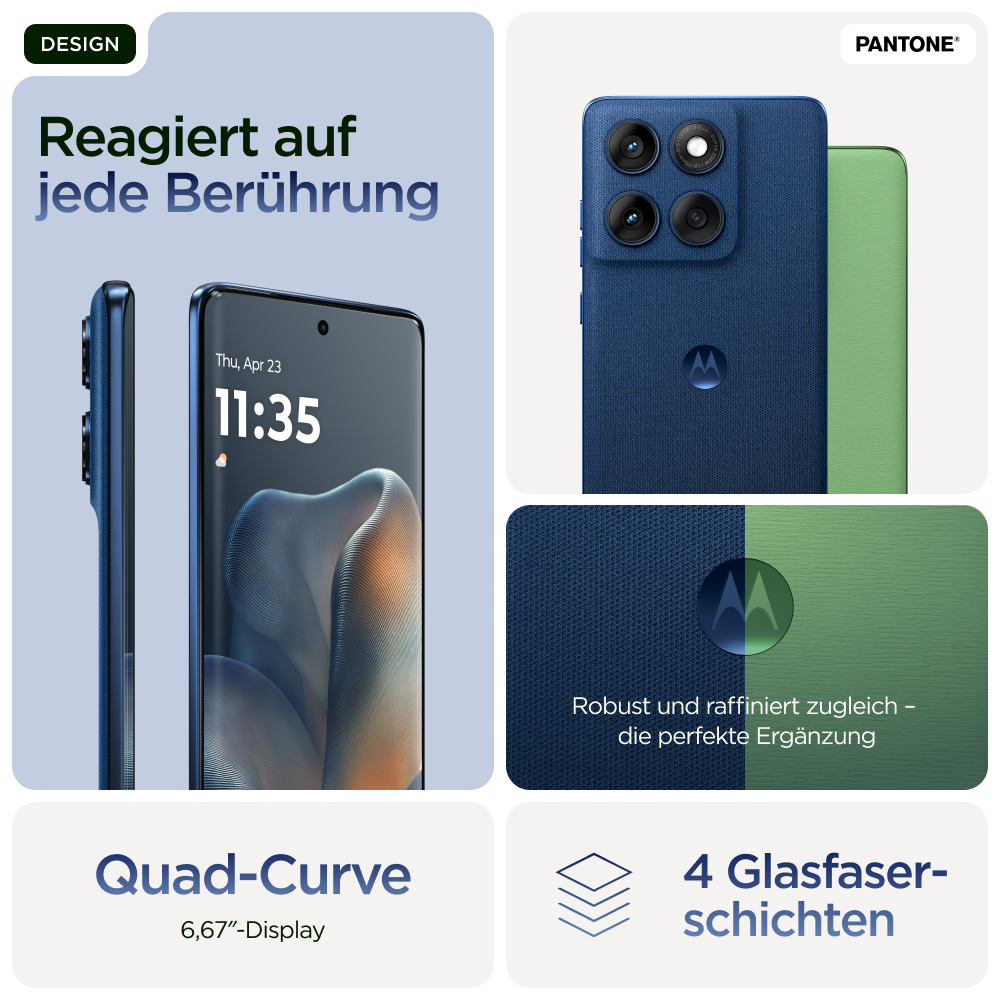 L'image montre un téléphone affichant l'heure et la date avec le design du téléphone et l'écran Quad-Curve.