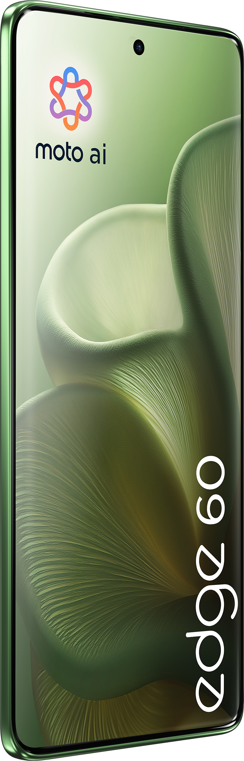 Das Bild zeigt ein grünes Telefon von der Seite, wobei das moto ai-Logo und das Label edge 60 hervorgehoben werden.