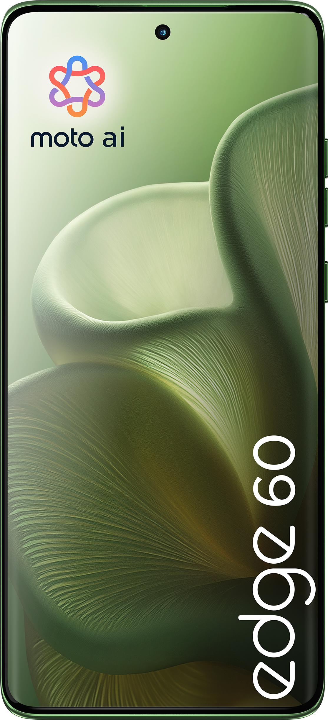 Das Bild zeigt ein grünes Telefon von der Seite, wobei das moto ai-Logo und das Label edge 60 hervorgehoben werden.
