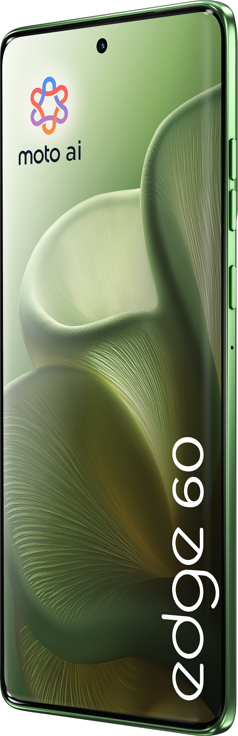 Das Bild zeigt ein grünes Telefon von der Seite, wobei das moto ai-Logo und das Label edge 60 hervorgehoben werden.