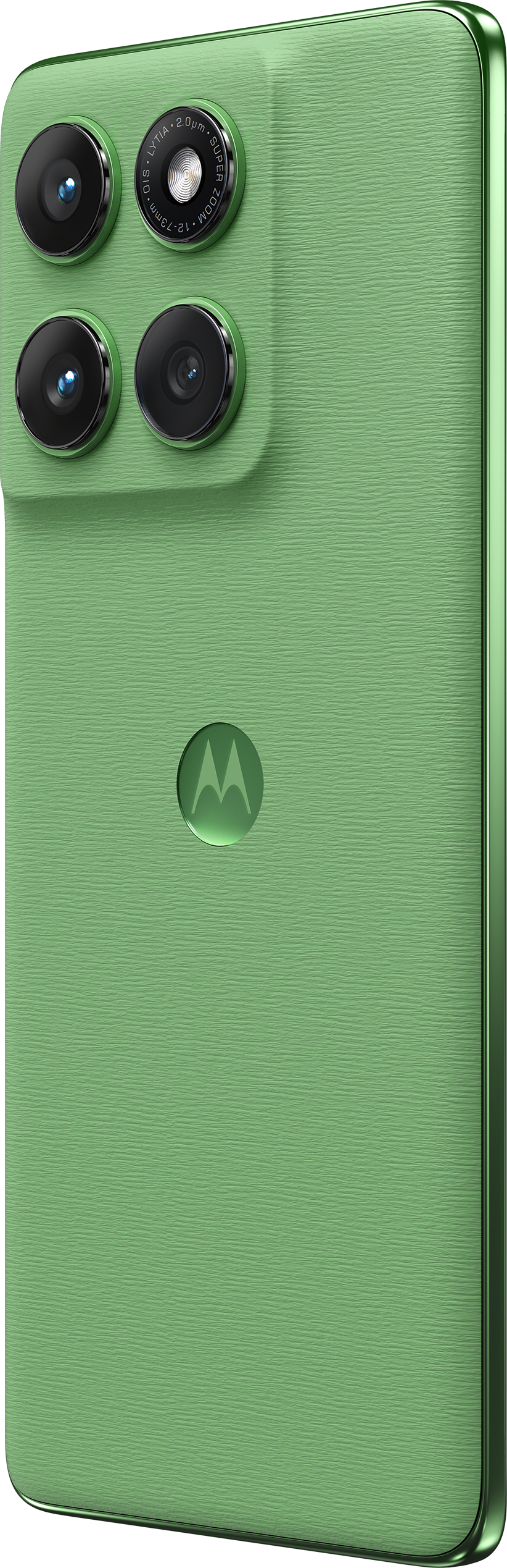 Das Bild zeigt die Rückseite eines grünen Telefons mit Kamera und Motorola-Logo.