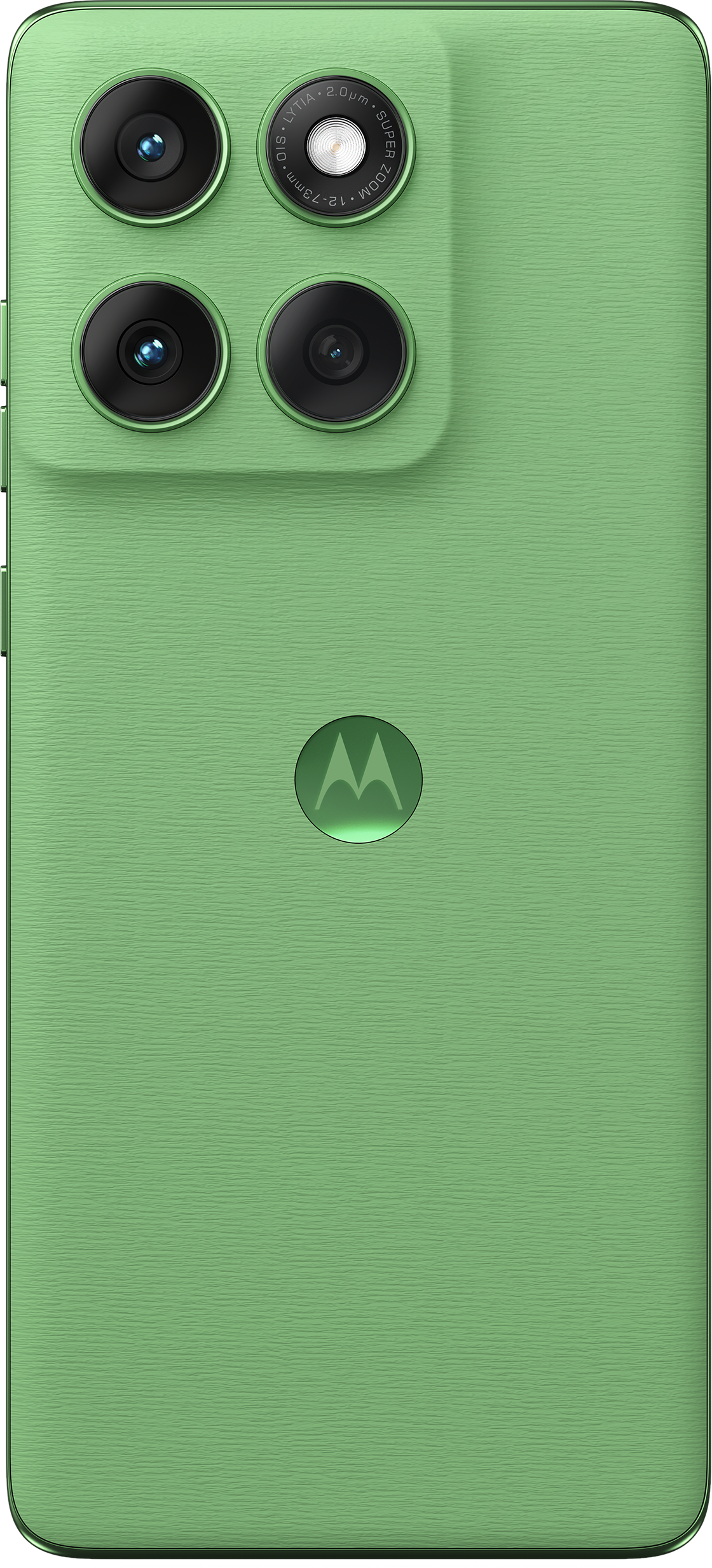 Das Bild zeigt die Rückseite eines grünen Telefons mit Kamera und Motorola-Logo.