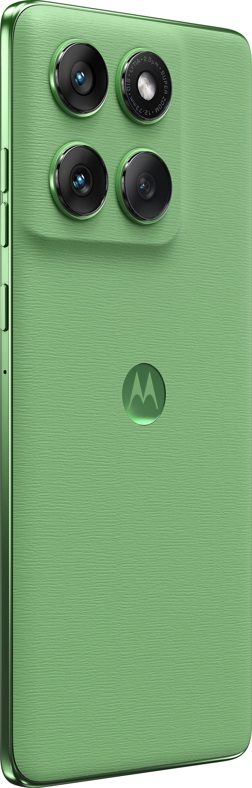 Das Bild zeigt die Rückseite eines grünen Telefons mit Kamera und Motorola-Logo.