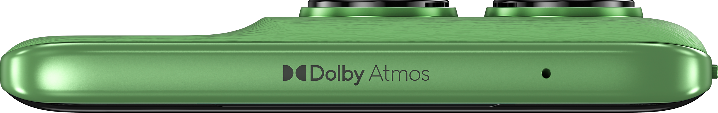 Grüne Smartphone-Seitenansicht mit Lautstärketasten, Dolby Atmos-Logo und einem kleinen Mikrofonloch.