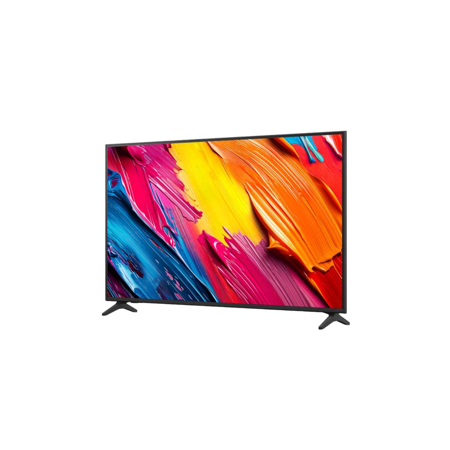 Télévision affichant de l'art abstrait coloré sur fond noir, vue trois quarts.