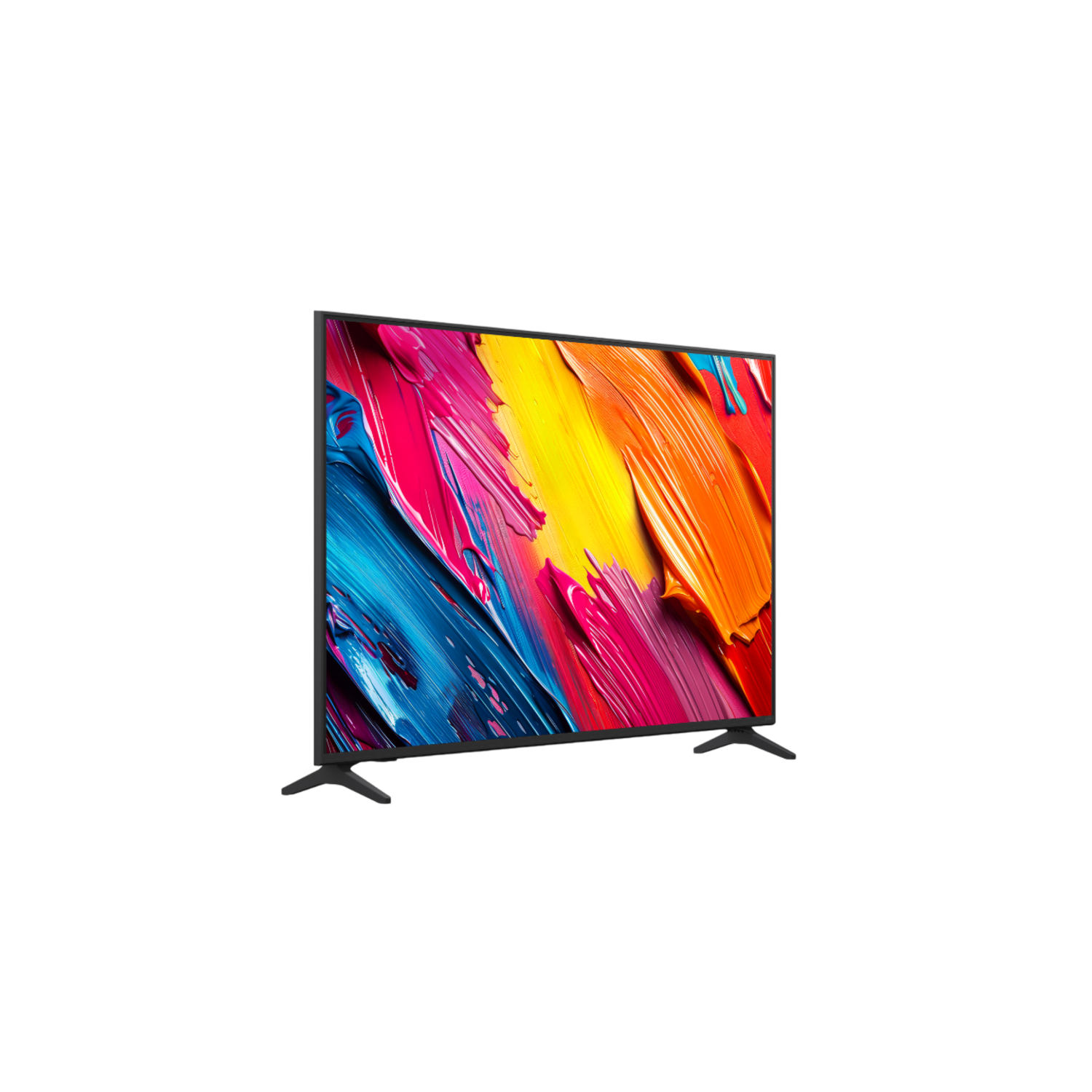 A TV showing abstract art on a black background, angled slightly to the left.