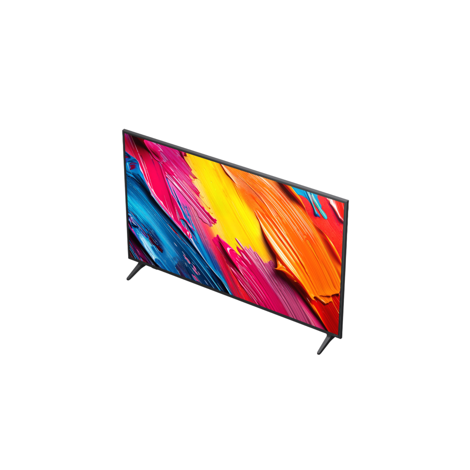 An angled view of a TV displaying colorful abstract art, set against a black background.