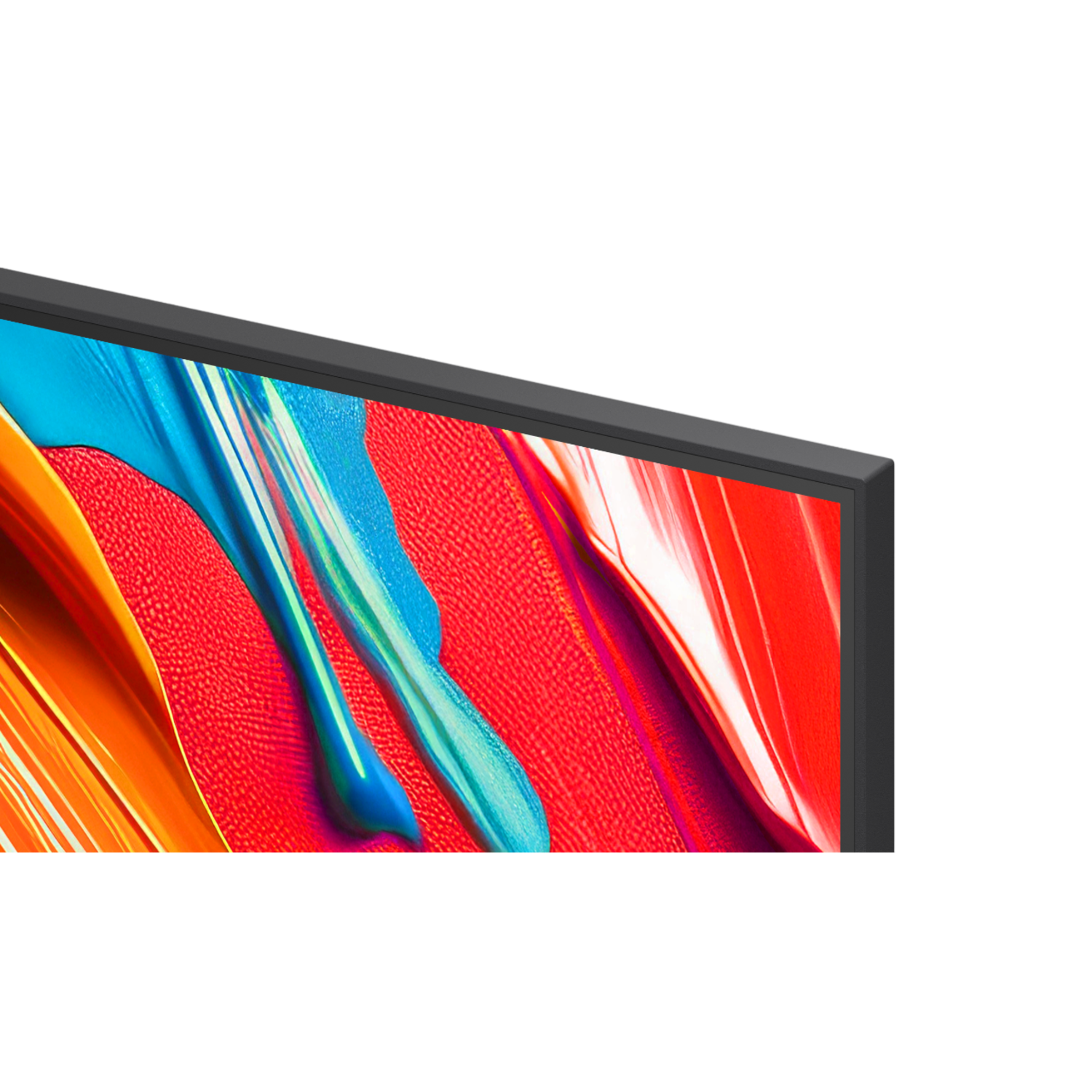 Close-up of a TV screen corner, showing colorful brush strokes in red and blue.