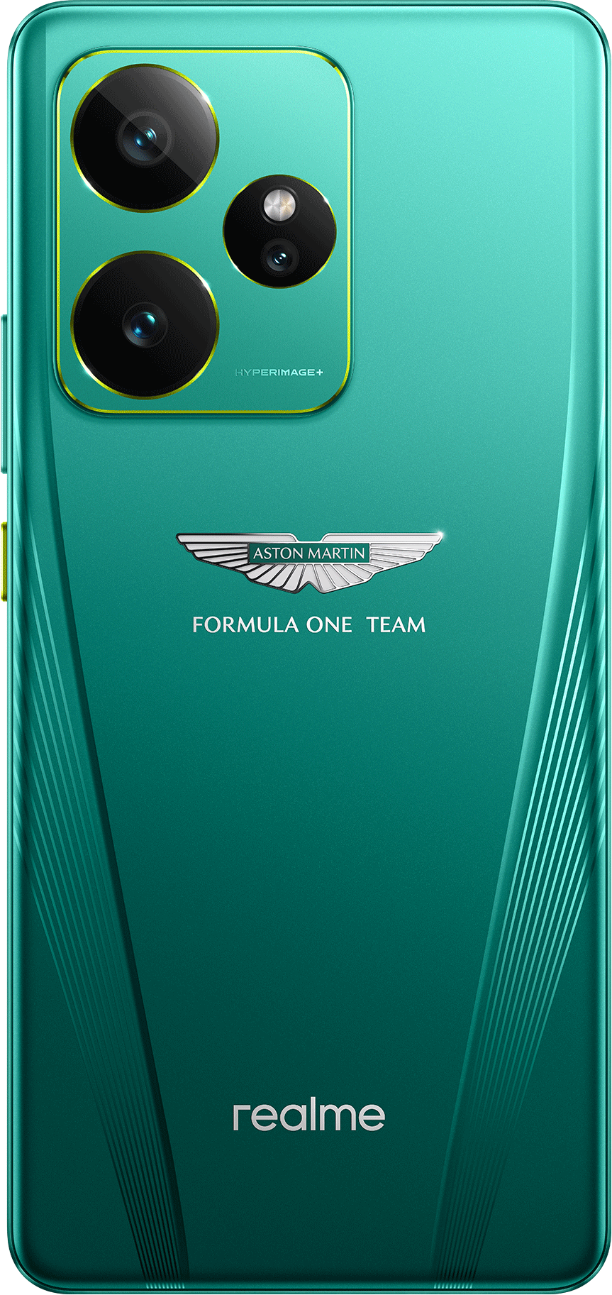 Zöld telefontok Aston Martin logóval, Formula One felirattal és Realme logóval. Kamerák és sárga részletek.