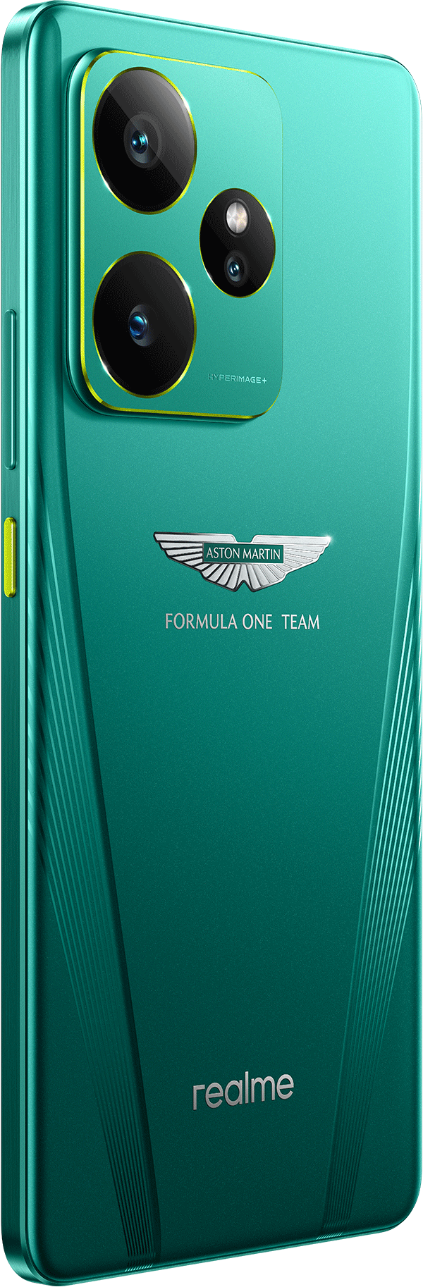Zöld okostelefon, három kamerával. Aston Martin logó és Realme márka. Sárga díszítések az oldalakon.