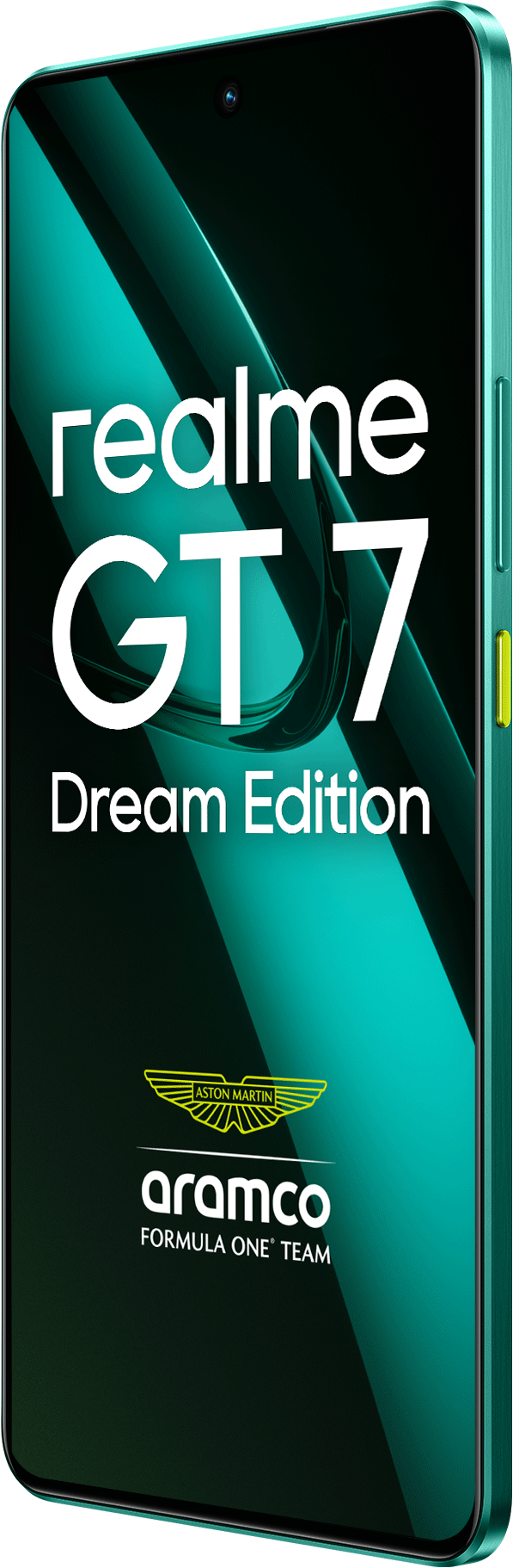 Egy türkiz Realme GT 7 Dream Edition telefon Aston Martin és Aramco logókkal a képernyőn.