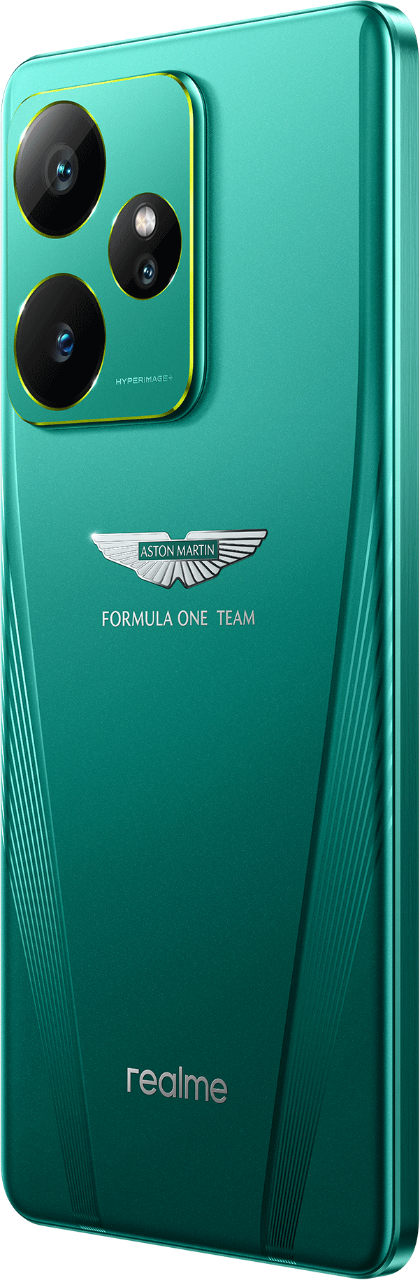 Zöld okostelefon hátlap, kamerákkal, Aston Martin logó, Formula One Team felirat, Realme logó.