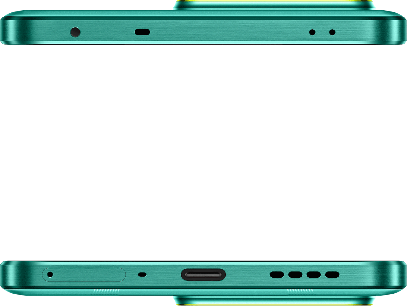 Egy türkizkék telefon felső és alsó széle látható. Tartalmaz egy hangszórót, egy mikrofont, egy USB-C portot és több lyukat.