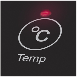 Schwarzes Panel mit weißem 'Temp' und °C Symbol. Oben leuchtet ein rotes Licht.