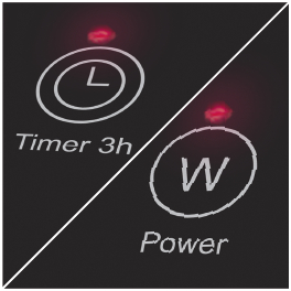 Schwarzes Panel mit Timer- und Power-Symbolen, rote Anzeigen leuchten. Timer zeigt '3h'. Power-Symbol hat 'W'.