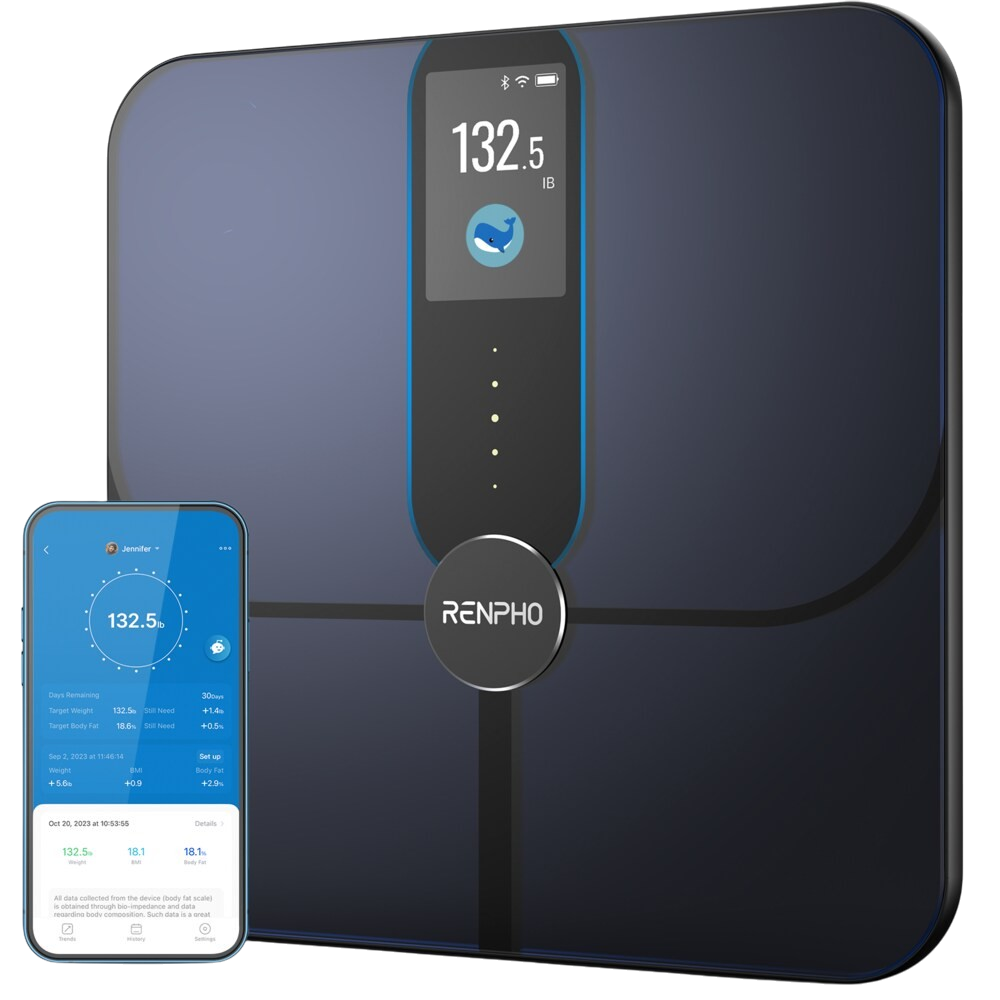 Eine intelligente Renpho-Waage und ein Telefon, das Gewicht und Körpermetriken anzeigt.