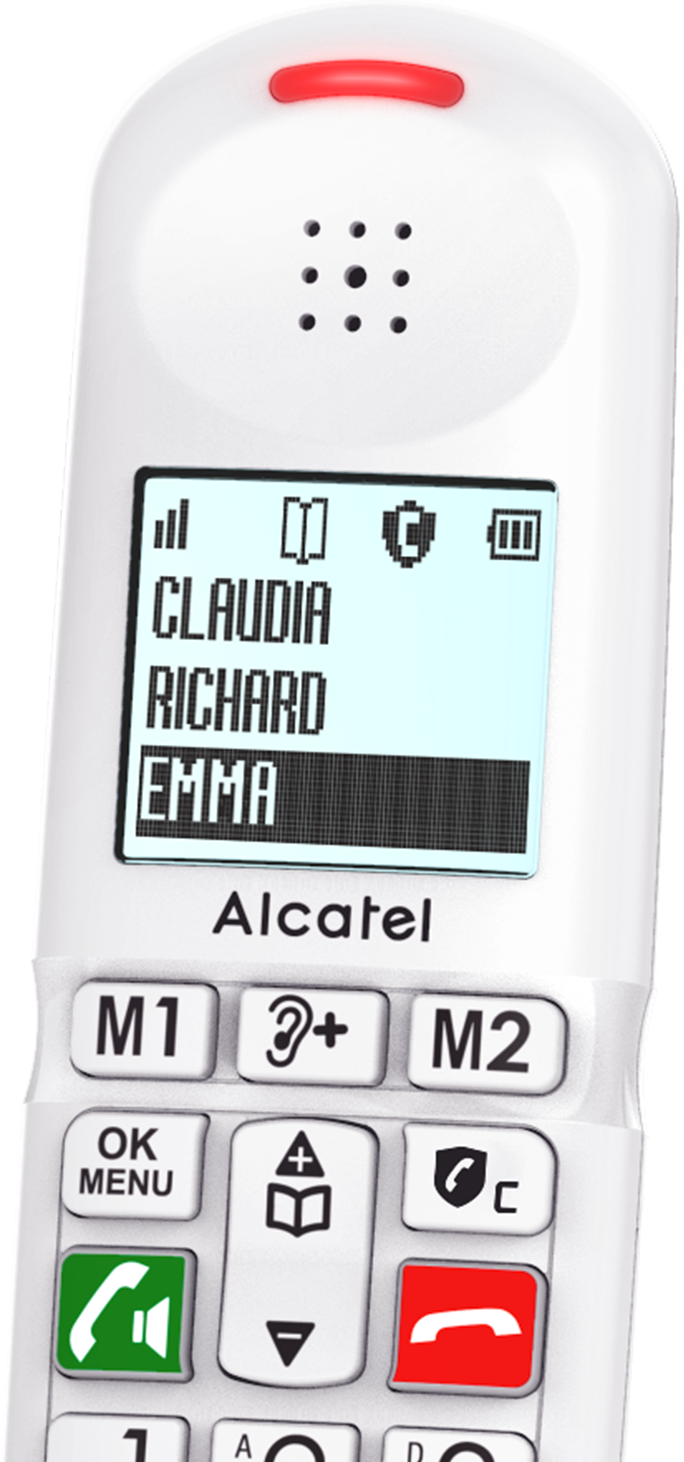 Egy Alcatel telefon képernyőjének közeli képe a kontaktnevekkel.