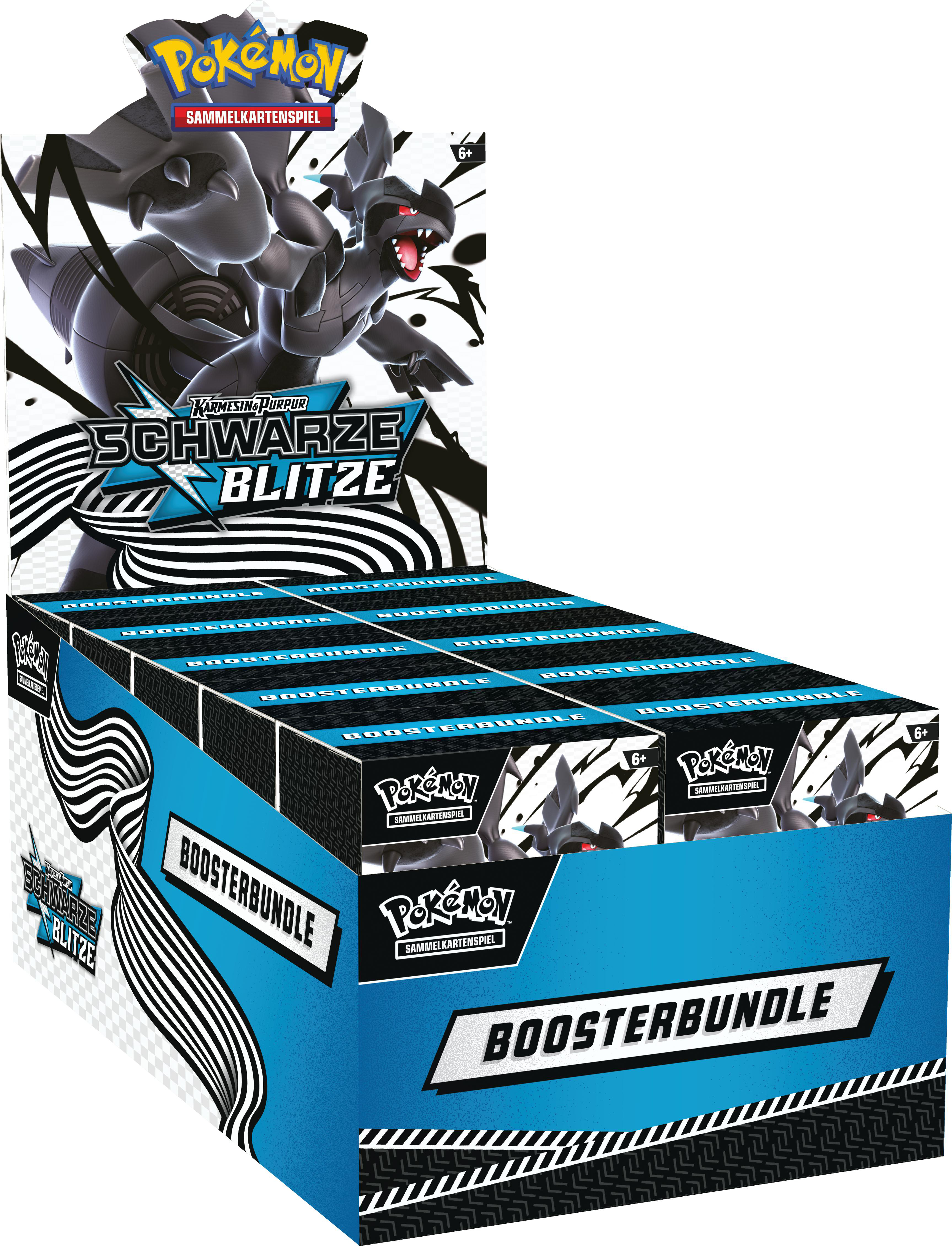 Pokemon Booster Box Display mit mehreren Boxen, Drachenillustration.