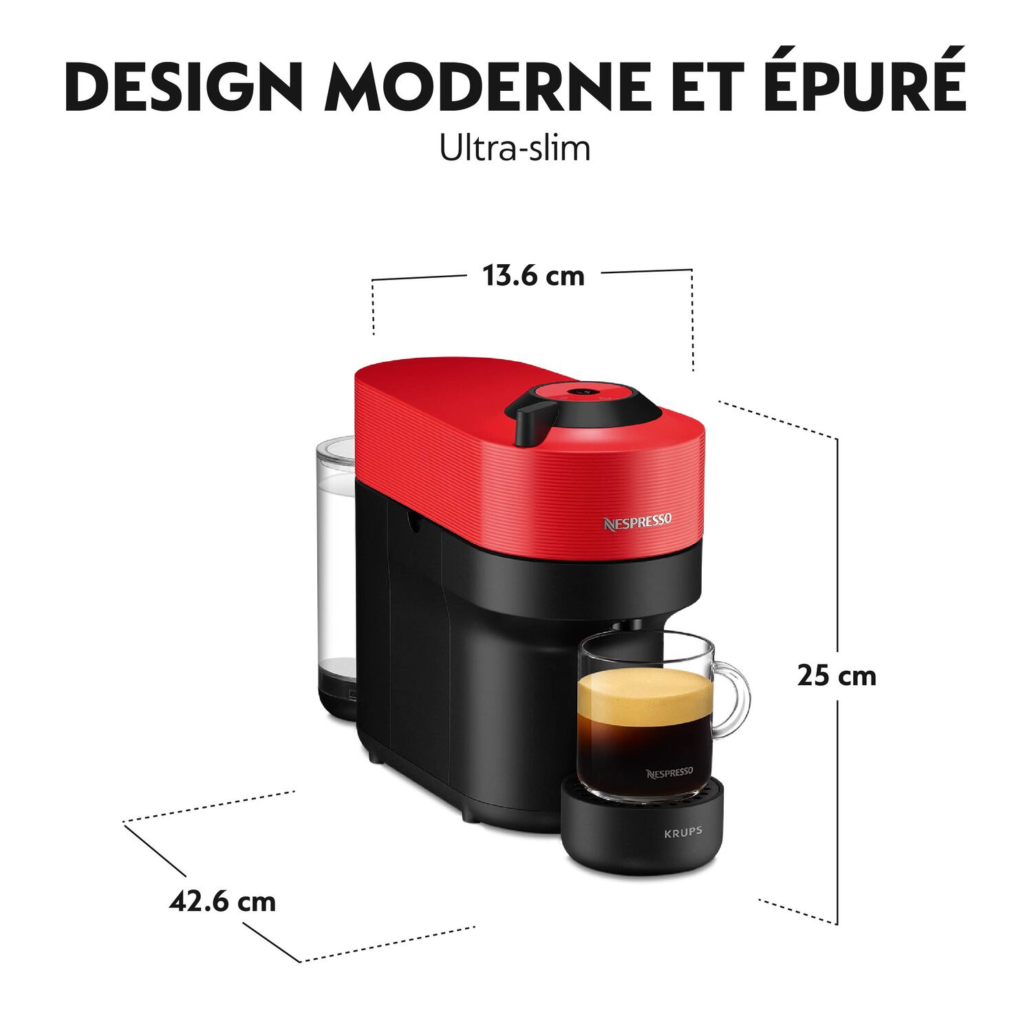 Machine Nespresso rouge avec dimensions et verre de café.