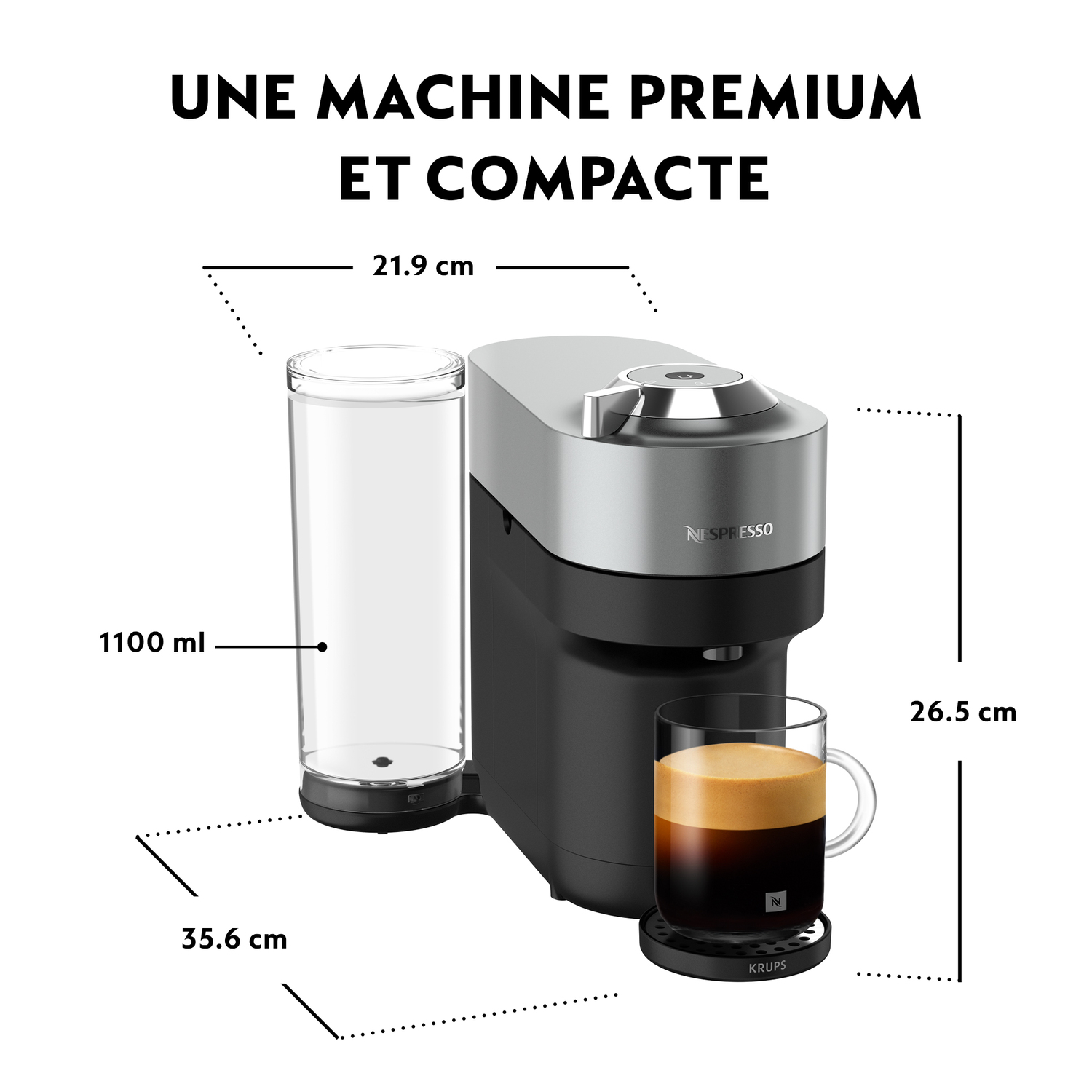 Machine Nespresso argentée avec dimensions et verre de café.