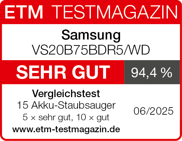 Rotes und weißes Etikett mit Text über einen Samsung-Staubsauger, bewertet mit 'SEHR GUT' und 94,4%.