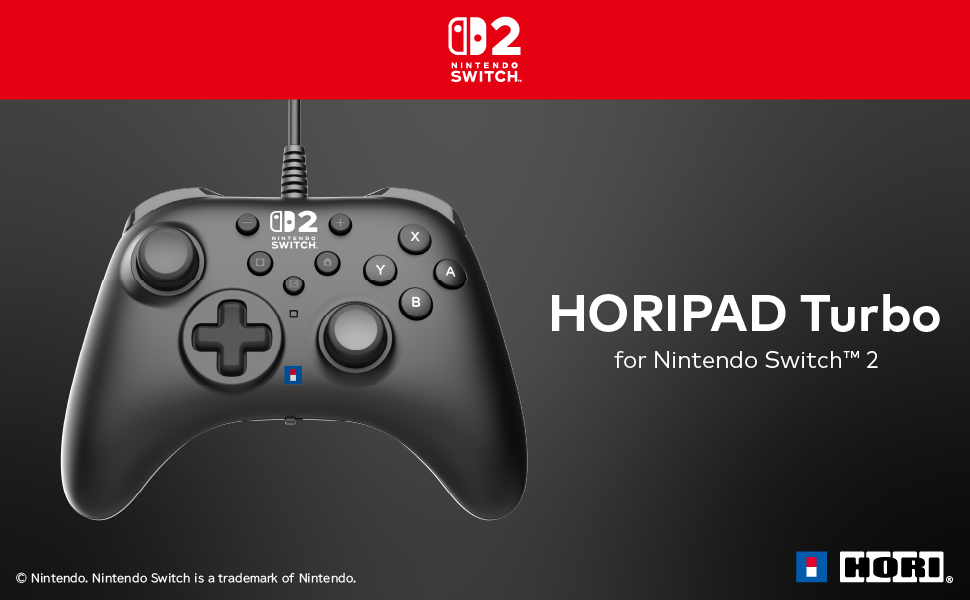 Siyah kontrolcü, kırmızı çubuk ve 'HORIPAD Turbo for Nintendo Switch 2' metni ile siyah zemin üzerinde.