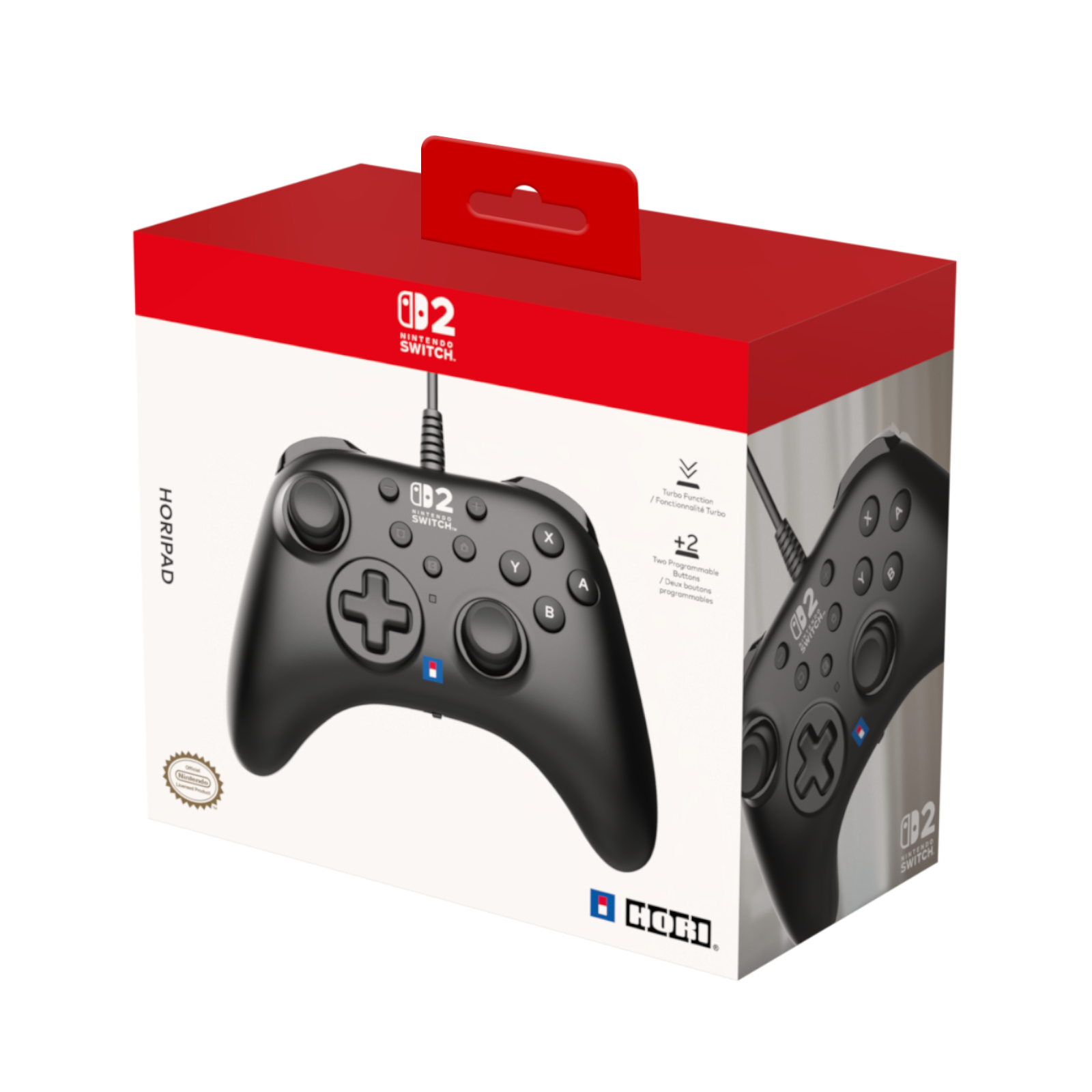 Siyah Nintendo Switch kontrolcüsü, kırmızı ve beyaz kutuda, marka adı ve logosu görünür.