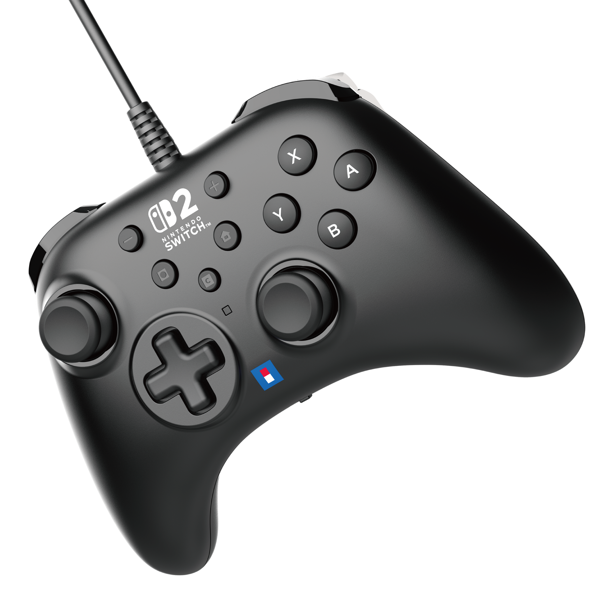 Siyah Nintendo Switch kontrolcüsü, düğmeler ve kablo ile, siyah yüzeyde açılı.