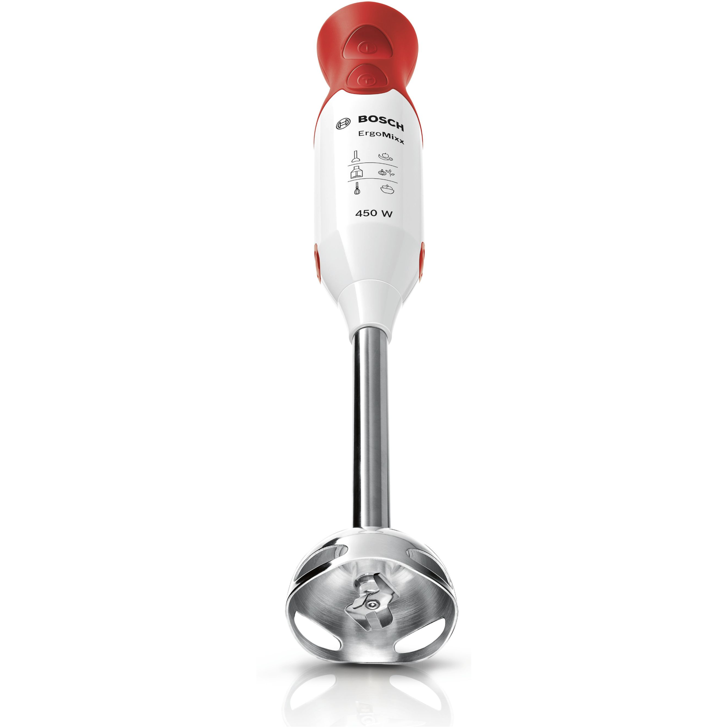 Een Bosch staafmixer wordt getoond. De mixer is wit met een rode bovenkant. Witte achtergrond.
