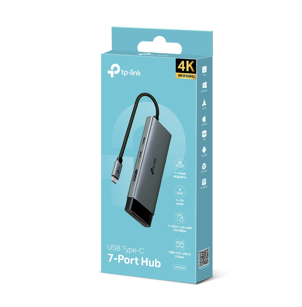 Kutusunda bir tp-link USB Type-C 7-Port Hub. Kutu açık mavi, hub gri ve siyah.