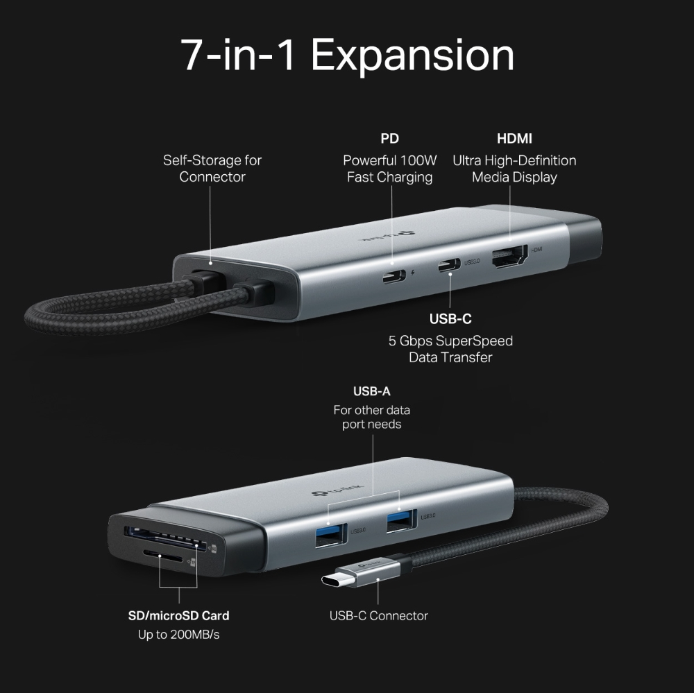 Çoklu bağlantı noktalarına sahip gümüş 7'si 1 arada genişletme hub'ı: USB-C, USB-A, HDMI, SD/microSD kart yuvası. Siyah örgülü bir kabloya sahip.