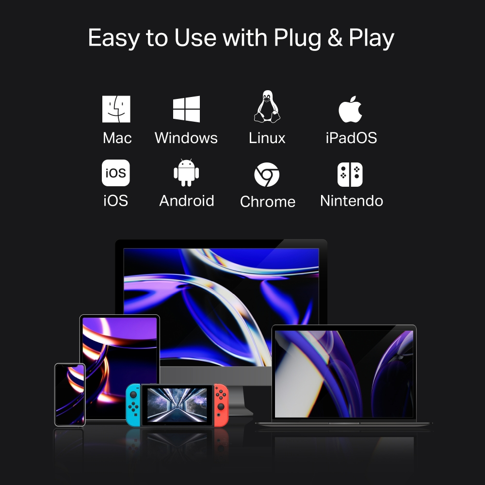 Telefon, tablet, bilgisayar ve Nintendo Switch gibi cihazlar, üzerlerinde işletim sistemi logolarıyla birlikte görüntüleniyor.