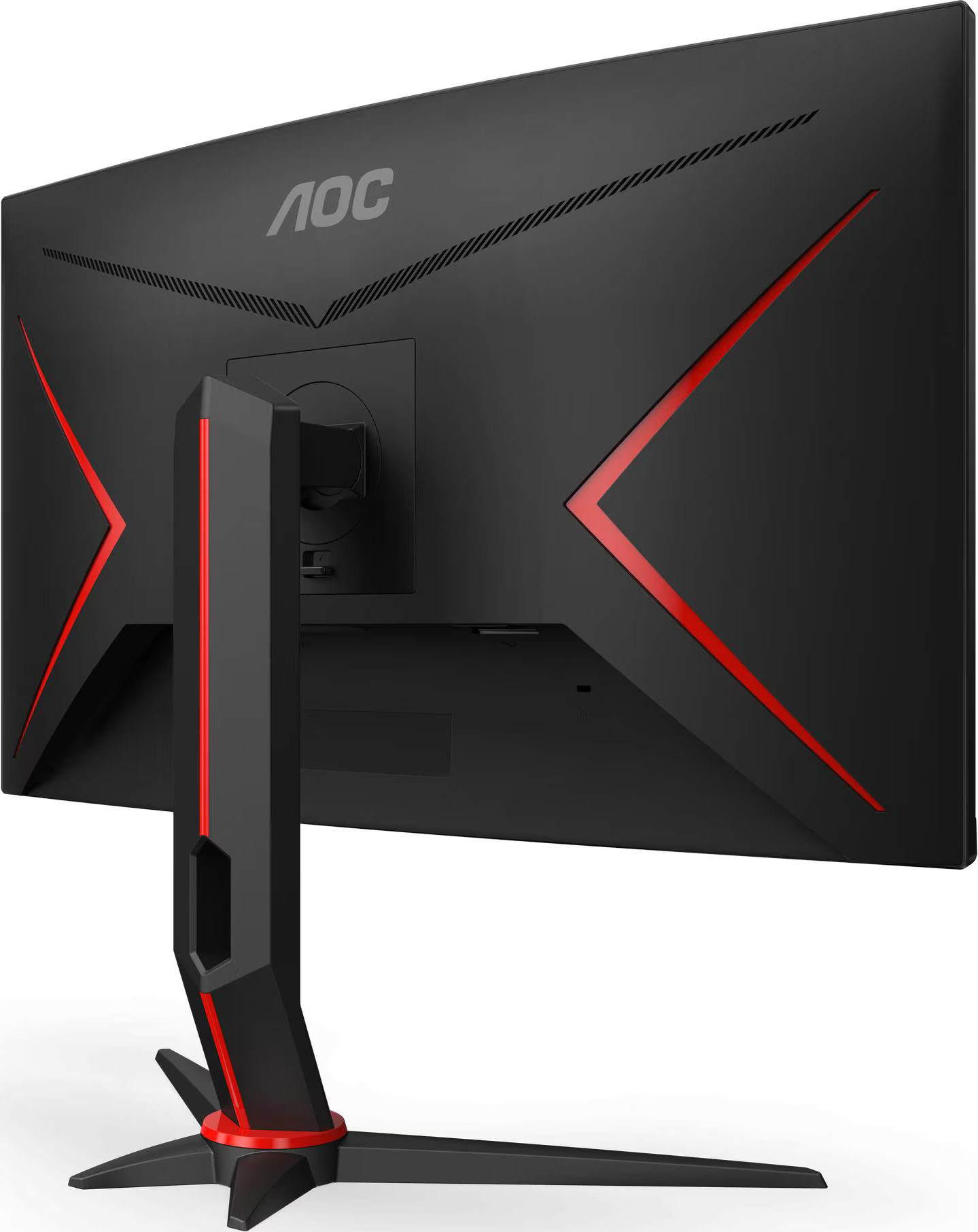 Arrière d'écran gaming noir avec accents rouges et pied. Logo AOC visible.