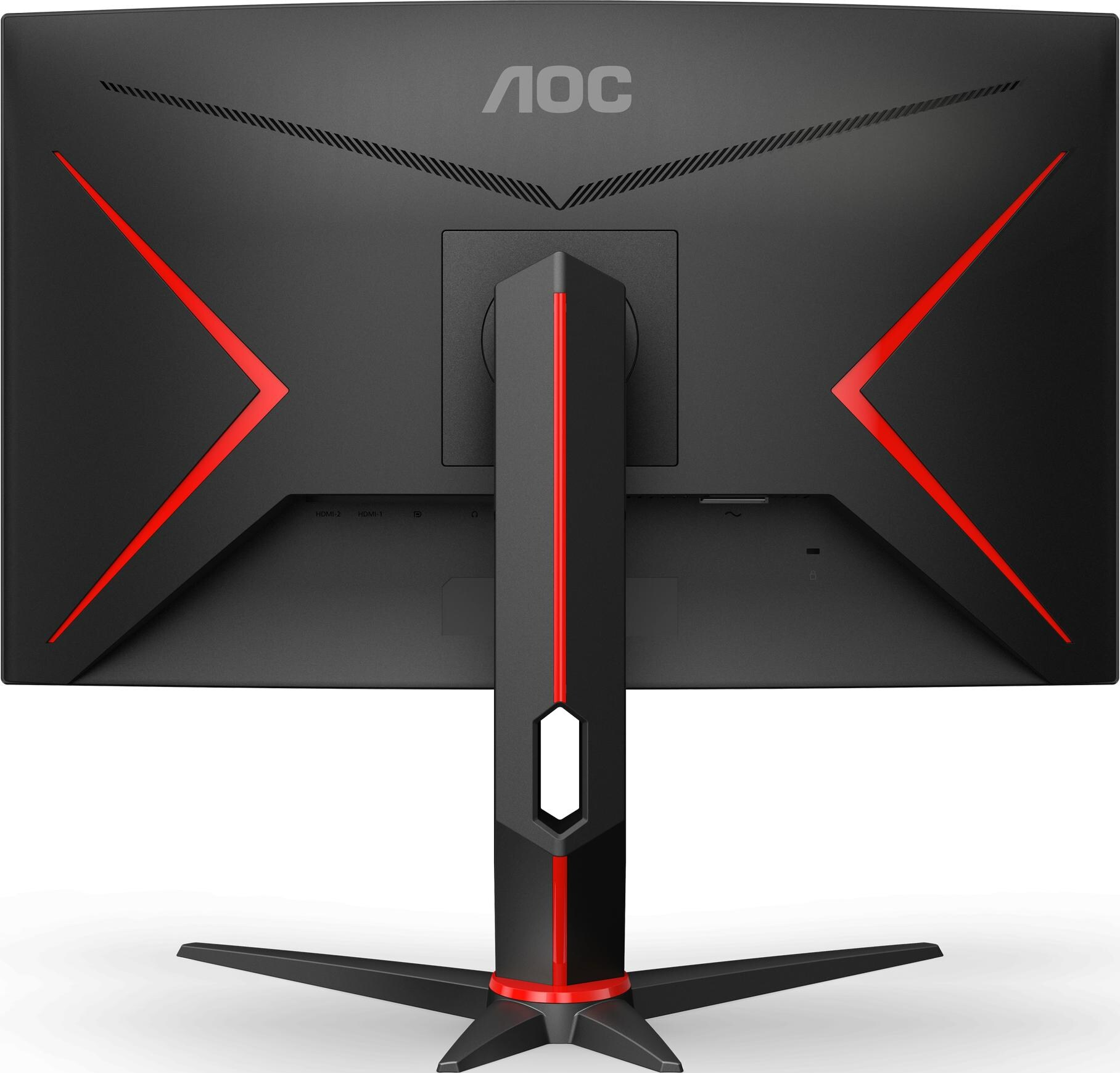 Arrière d'écran gaming noir avec accents rouges et pied. Logo AOC visible.