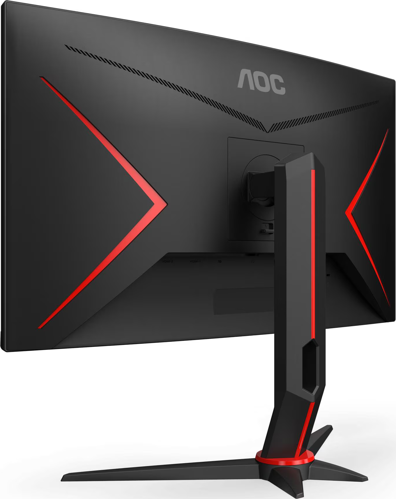 Arrière d'écran gaming, noir avec accents rouges, logo AOC visible, vue en angle.