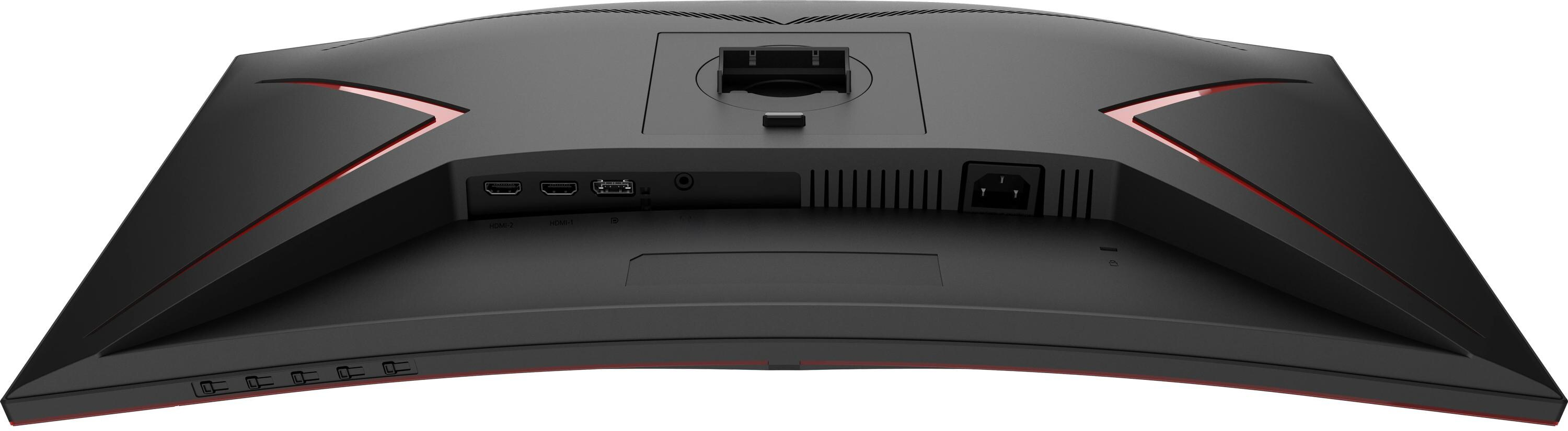 Arrière d'écran de jeu incurvé noir avec ports et accents rouges. Logo AOC visible.
