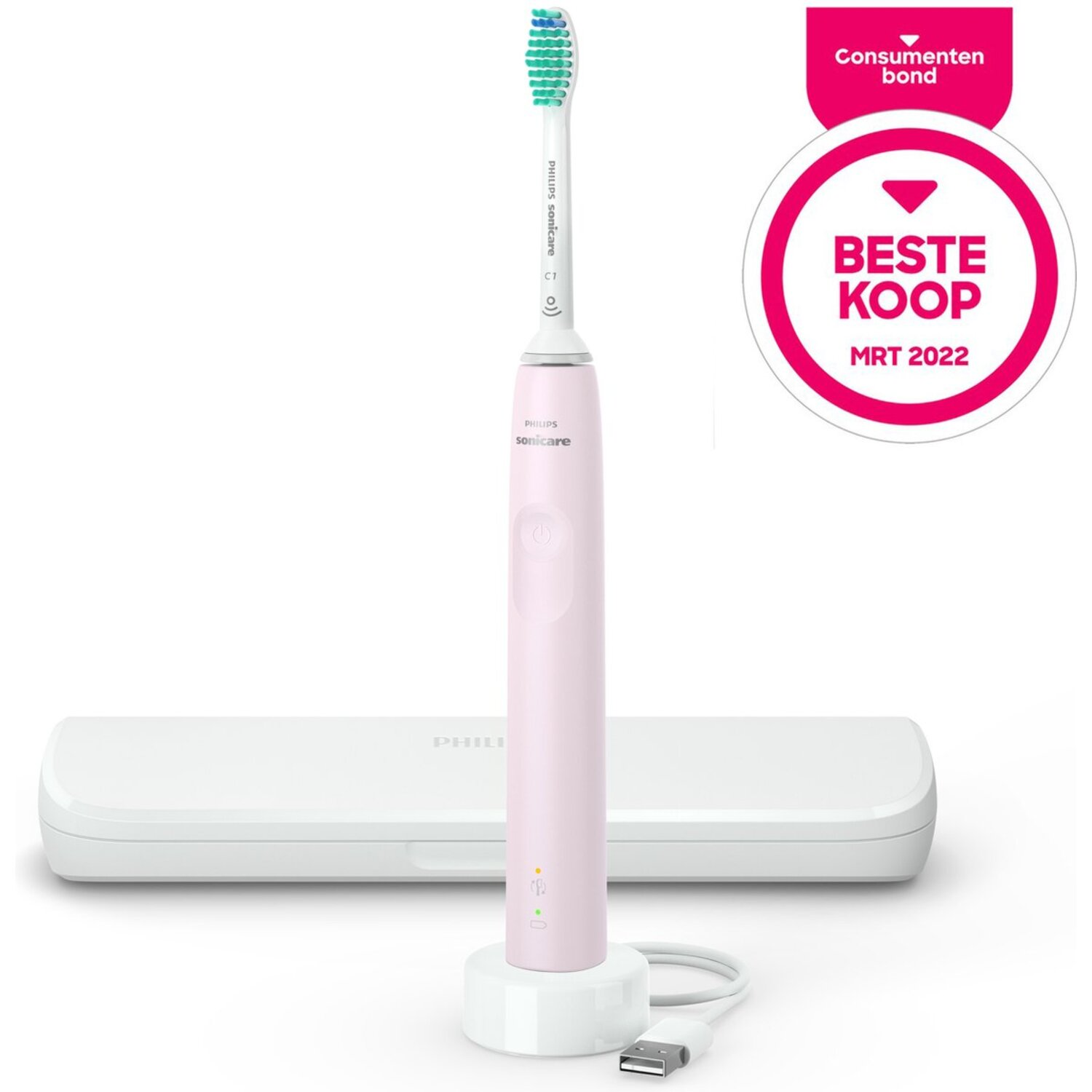 Brosse à dents Philips Sonicare rose avec chargeur, étui et badge 'Meilleur Achat'.