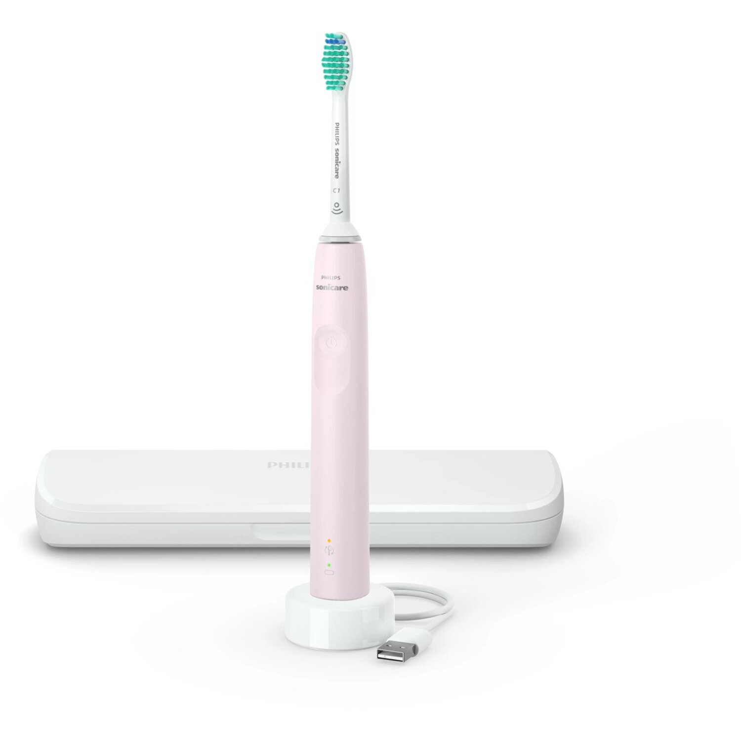 Brosse à dents Philips Sonicare rose, vue rapprochée, avec socle de chargement.