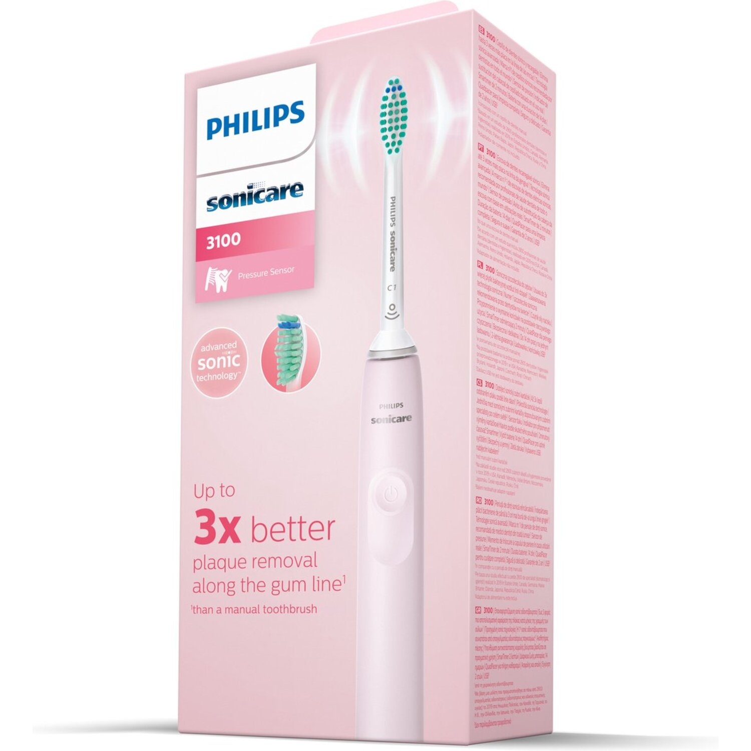 Emballage de brosse à dents Philips Sonicare rose avec texte et graphiques, fond blanc.