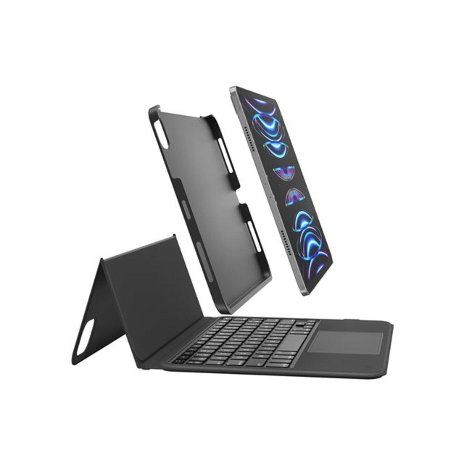 Tablet, black keyboard case, and cover in the air, floating in front of white background.