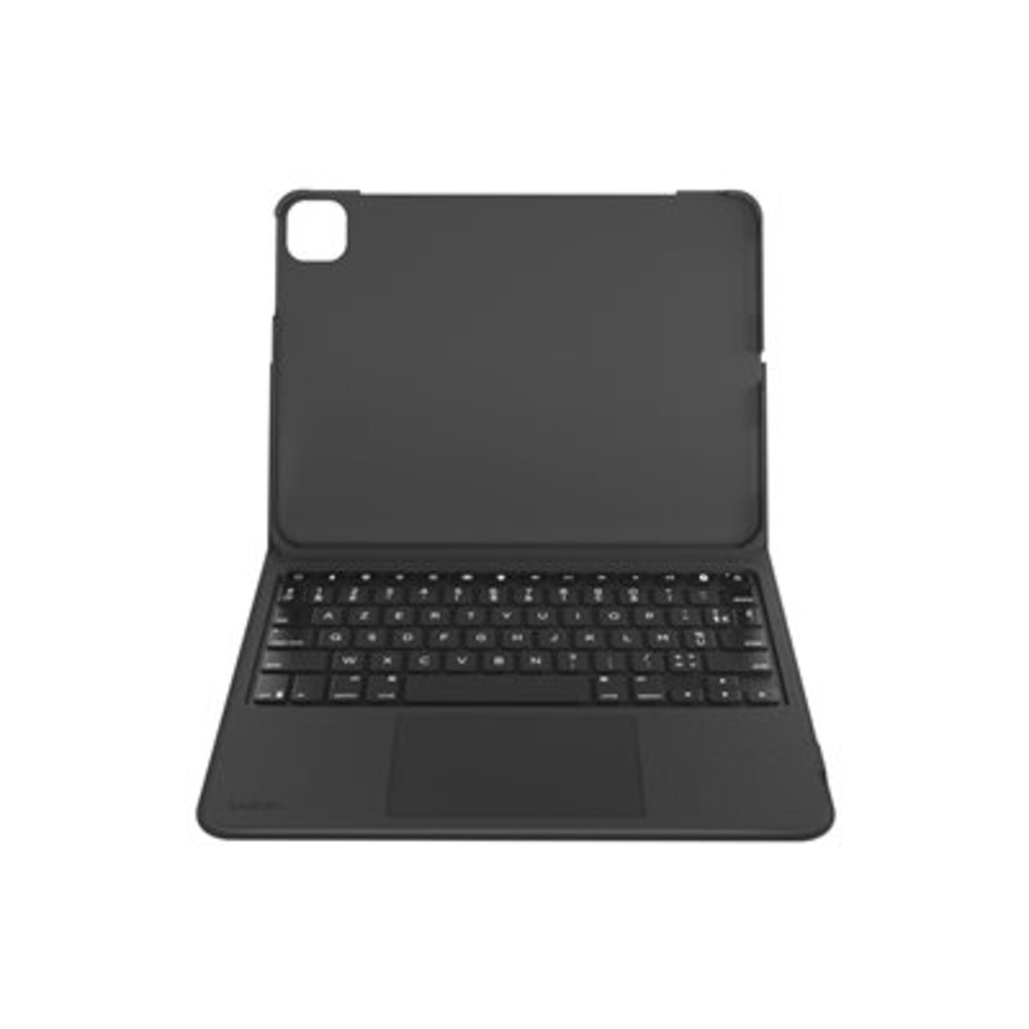 Black tablet keyboard case, opened flat, showing keyboard, trackpad on white surface.