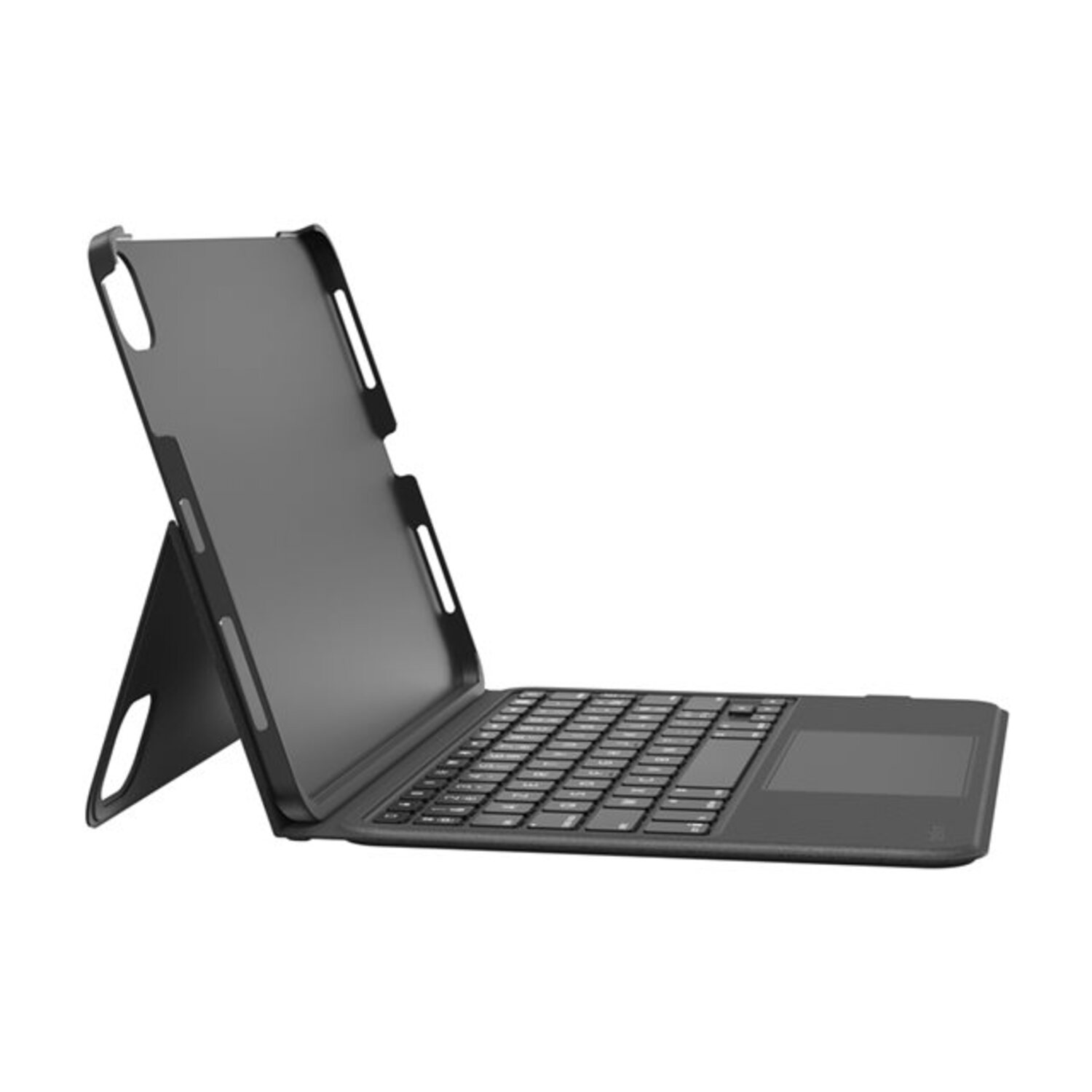 Black tablet with keyboard case, propped up at an angle, keyboard visible, white background.