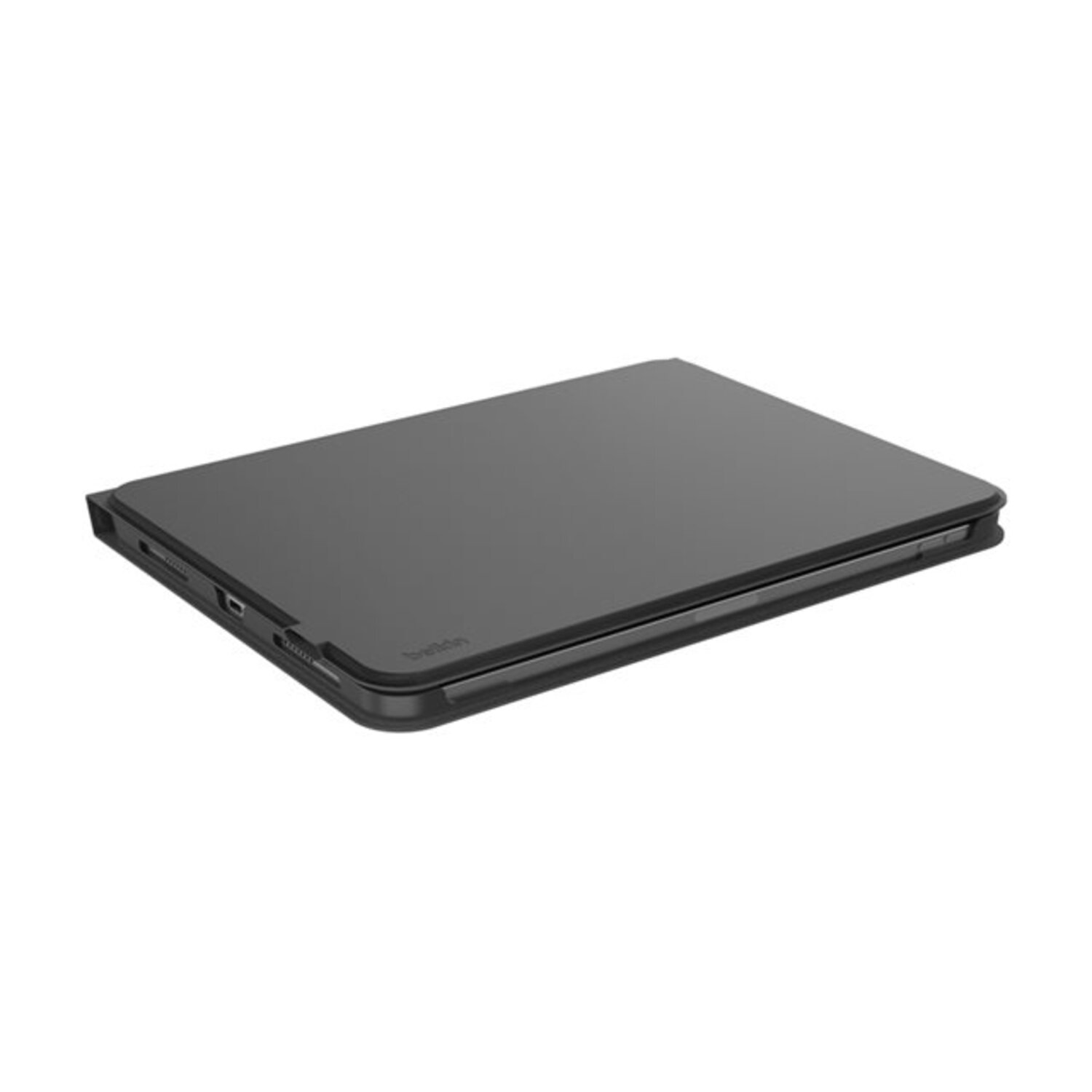 Black tablet keyboard case, closed flat, on a white background, belkin printed at the bottom.